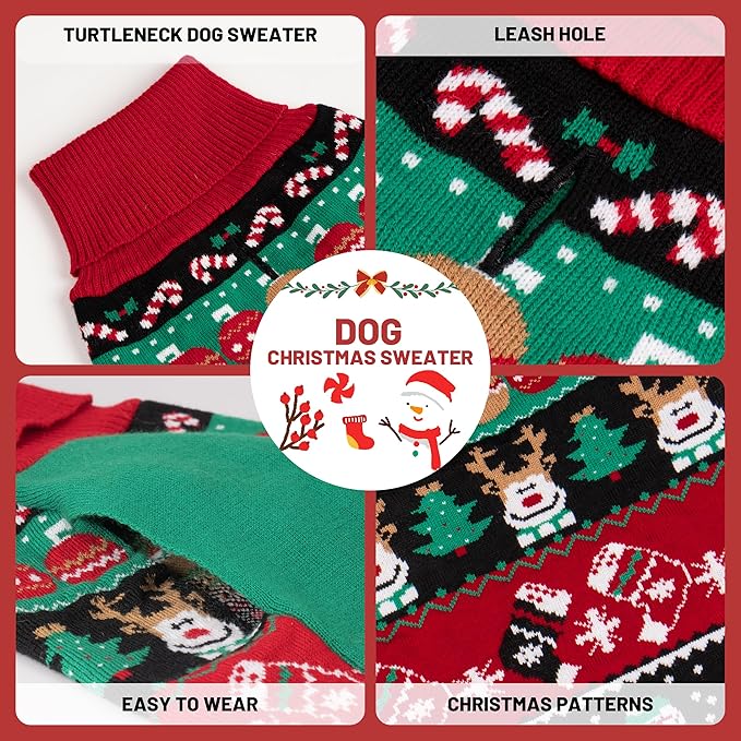 cyeollo Dog Christmas Sweater, Xmas Dogs Outfits Turtleneck Knitted Doggy Sweaters with Leash Hole Soft Dog Clothes for Medium to Large Dogs Girl & Boy, 2XL