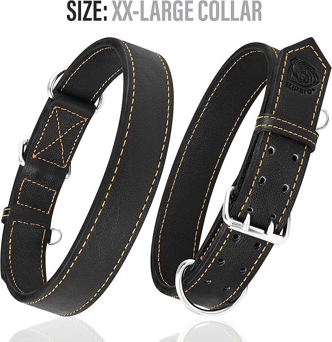 Riparo Dog Collar - Genuine Leather Dog Collars - Heavy Duty Dog Collars for Medium Large and Extra Large Dog Breeds (M: 1” Wide for 14” - 18” Neck, Black/Orange Thread)