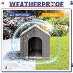 Dog House Outdoor Indoor, Plastic Small Dog House-Weatherproof & Insulated Design with Air Vents & Elevated Floor for Small to Medium Dogs, Easy Clean and Assemble (Grey)