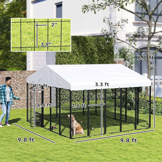 PawHut 10' x 10' x 6.8' Outdoor Dog Kennel, Welded Wire Dog Kennel Outside Run with 360° Rotating & 4 Level Adjustable Bowls, Waterproof & UV Resistant Cover, for S&M&L Breeds, Chickens, Ducks, Silver