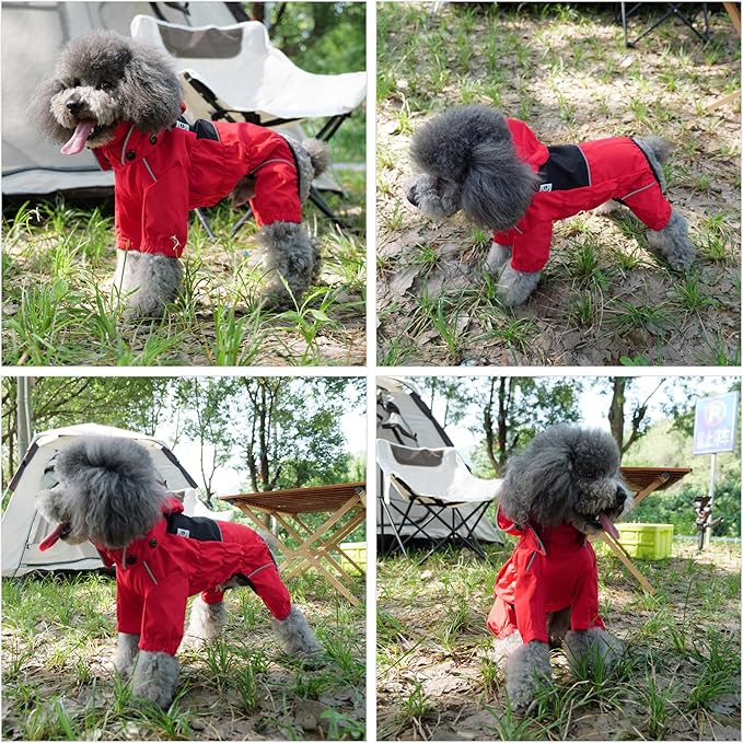 LOVELONGLONG Fleece-Lined Dog Raincoat with Removable Hood – Waterproof Winter Full Body Dog Jacket – Windproof Snowproof Cold-Weather Suit – Red-F M
