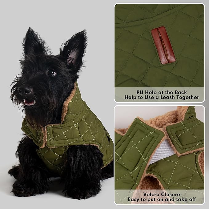 azuza Dog Jacket for Medium Dogs Waterproof & Windproof Dog Coat for Small Dogs with Thick Fleece, High Collar with Leash Hole, Adjustable Velcro & Elastic Belly, Army Green 2XL