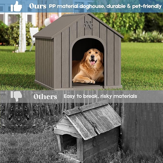 Large Dog House Outdoor Indoor, Durable Plastic Waterproof Doghouse with Air Vents and Elevated Floor, Easy Clean and Assemble for Medium Large Dogs (Classic Grey, 36.2''L×38''W×38''H)
