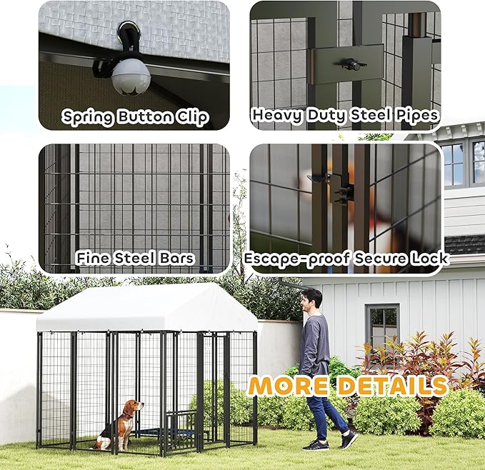 PawHut 6' x 6' x 6' Outdoor Dog Kennel, Welded Wire Dog Kennel Outside Run with 360° Rotating & 4 Level Adjustable Bowls, Waterproof & UV Resistant Cover, for S&M&L Breeds, Chickens, Ducks, Silver