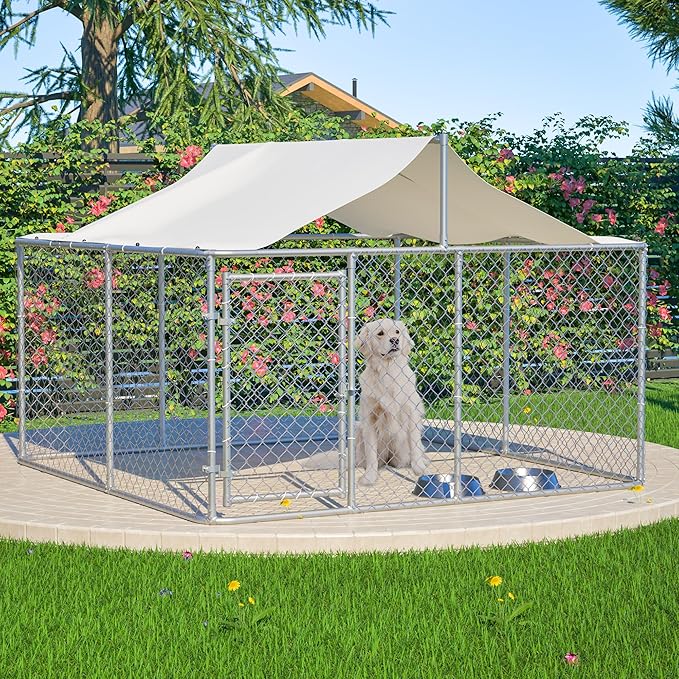 Outdoor Dog Enclosure Heavy Duty Dog Kennel House Mesh Outside Galvanized Chain Link Dog Run with Roof,Dog Cage Large Dogs Dog Pen Pet Kennel W/Waterproof Anti-UV Cover&Secure Lock for Large Dog