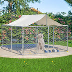 Outdoor Dog Enclosure Heavy Duty Dog Kennel House Mesh Outside Galvanized Chain Link Dog Run with Roof,Dog Cage Large Dogs Dog Pen Pet Kennel W/Waterproof Anti-UV Cover&Secure Lock for Large Dog
