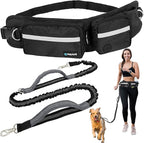 PetAmi Hands Free Dog Leash, Dog Running Leash Belt Bag for Walking, Jogging, Dog Waist Double Zipper Pouch with Poop Bag Dispenser, Dual Padded Handles Reflective Bungee Leash, Single (Black)