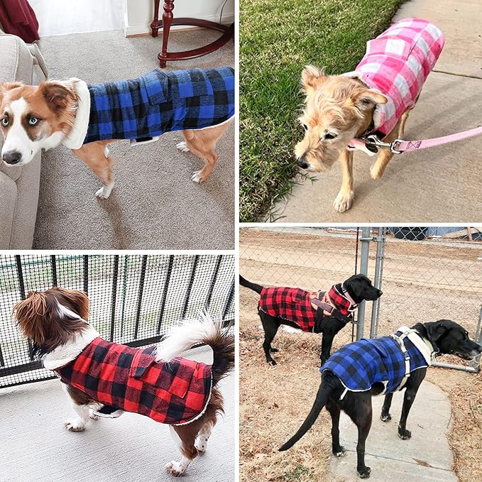 Malier Classic Plaid Fleece Dog Jacket with Pocket - Windproof Warm Coat for Small to Large Dogs (Blue, XXX-Large)
