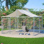Outdoor Dog Enclosure Heavy Duty Dog Kennel House Mesh Outside Galvanized Chain Link Dog Run with Roof,Dog Cage Large Dogs Dog Pen Pet Kennel W/Waterproof Anti-UV Cover&Secure Lock for Large Dog