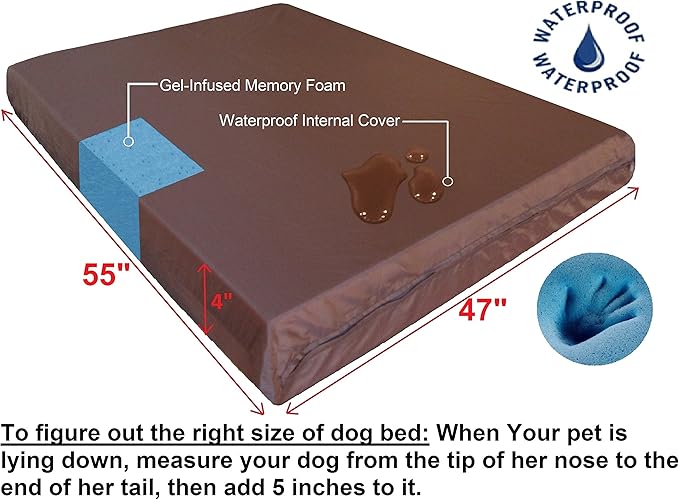 Dogbed4less Waterproof Orthopedic Cooling Memory Dog Bed for Large and Extra Large Dogs, Suede Khaki Color, Jumbo 55X47X4 Inches