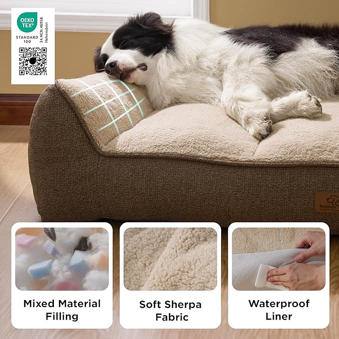Bedsure XL Plus Orthopedic Dog Beds Large Sized Dog - Extra Thick Supportive Dogs Couch with Waterproof Washable Cover, Jumbo Comfort Pet Bed Sofa with Soft Plush Sherpa and Nonskid Bottom, Brown, 48"