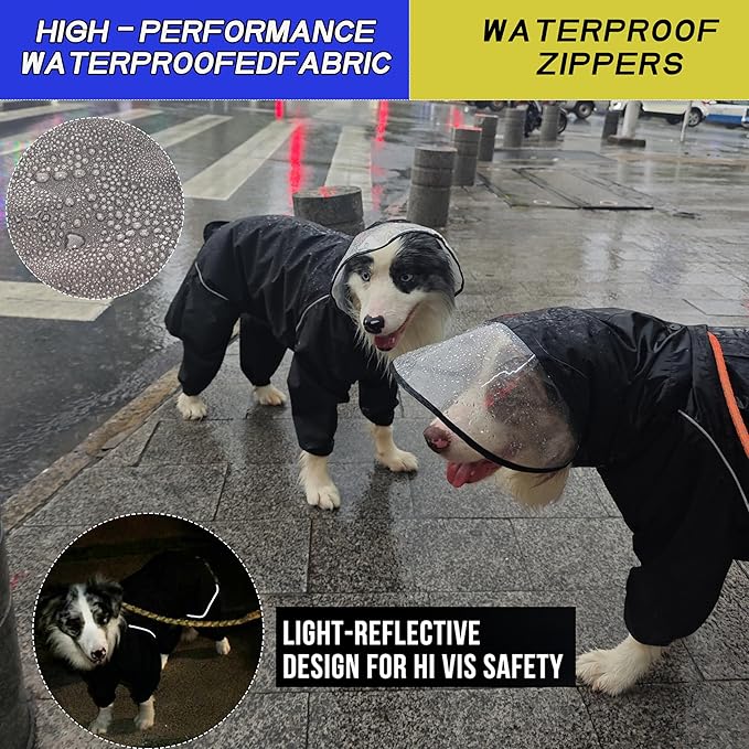 Dog Raincoat for Medium Large Dogs,rain Jacket Coat, Full Leg Coverage Waterproof Rain Suit with Detachable Hood & Tail, Reflective Strips, Snag-Free Top Zipper (Black for Boy, Medium)