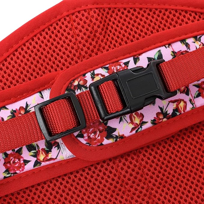 Mile High Life Velcro Dog Harness, Air Mesh Floral Vest Harness for 20 lbs Small Dogs & Cats, Easy Get on Adjustable Easy Closures Both Neck and Chest(Peony Rose, M Chest 18"-20")