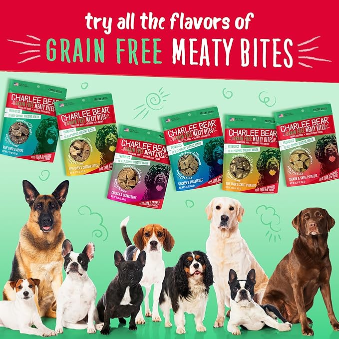 Charlee Bear Grain Free Meaty Bites Freeze Dried Dog Treats with Probiotics, Puppy Training Snacks, Soft Dog Bites Salmon with Sweet Potatoes, 2.25 oz Bags (2), Made USA