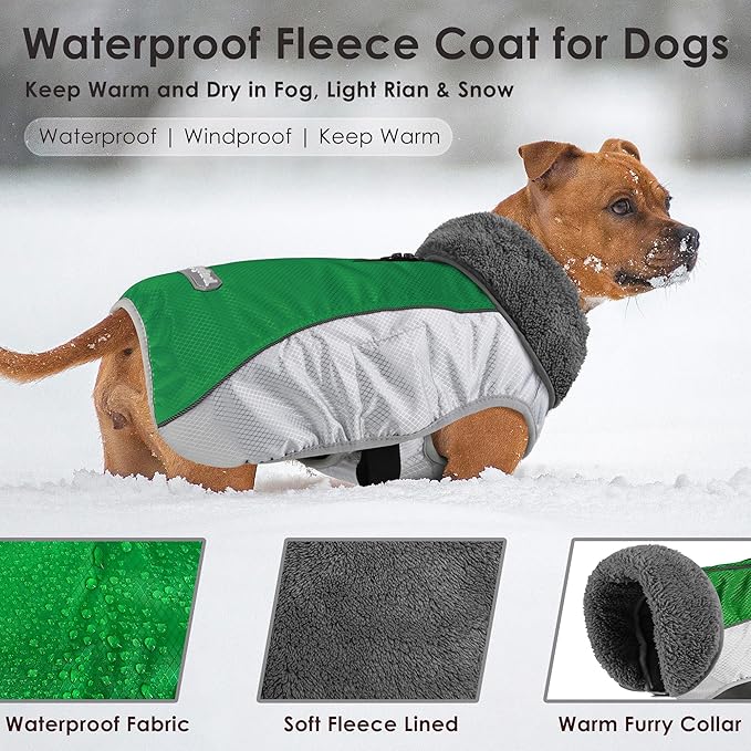 Dog Coat, Waterproof Ripstop Dog Winter Jacket with Leash Hole, Reflective Adjustable Warm Pet Fleece Snow Sweater for Small Medium Large Dogs - Green, XL