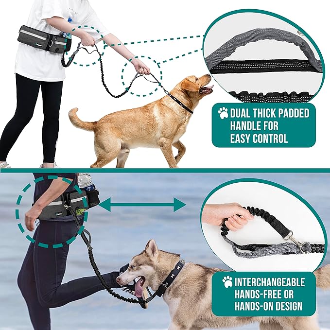 PetAmi Hands Free Dog Leash, Dog Running Leash Belt Bag for Walking, Jogging, Dog Waist Double Zipper Pouch with Poop Bag Dispenser, Dual Padded Handles Reflective Bungee Leash, Single (Charcoal Grey)