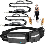 PetAmi Hands Free Dog Leash, Dog Running Leash Belt Bag for Walking, Jogging, Dog Waist Double Zipper Pouch with Poop Bag Dispenser, Dual Padded Handles Reflective Bungee Leash, Double (Charcoal Grey)