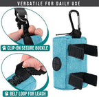PetAmi Dog Poop Bag Holder for Leash Attachment, Doggie Zipper Pouch Soft Fabric Poop Bag Carrier, Dog Pet Waste Bag Dispenser with Carabiner Clip, 1 Roll of Dog Trash Bag (Blue, 1 Pack)