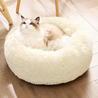 Bedsure Calming Cat Beds for Indoor Cats - Small Cat Bed Washable 20 inches, Anti-Slip Round Fluffy Plush Faux Fur Pet Bed, Fits up to 15 lbs Pets, Ivory Beige
