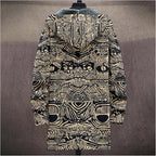 Mens Aztec Print Hoodie Heavyweight Cotton Fleece Jacket Zip Up Warm Long Sleeve Hooded Winter Midi Coat