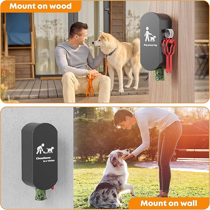 Dog Poop Bag Dispenser Wall Mount with 2Pcs Holders and 8 Rolls of Waste Bag,Magnetic Door Closure,Metal, Corrosion-resistant,High capacity,Dark Gray,Suitable for Outdoor, Indoor, Raising Puppies