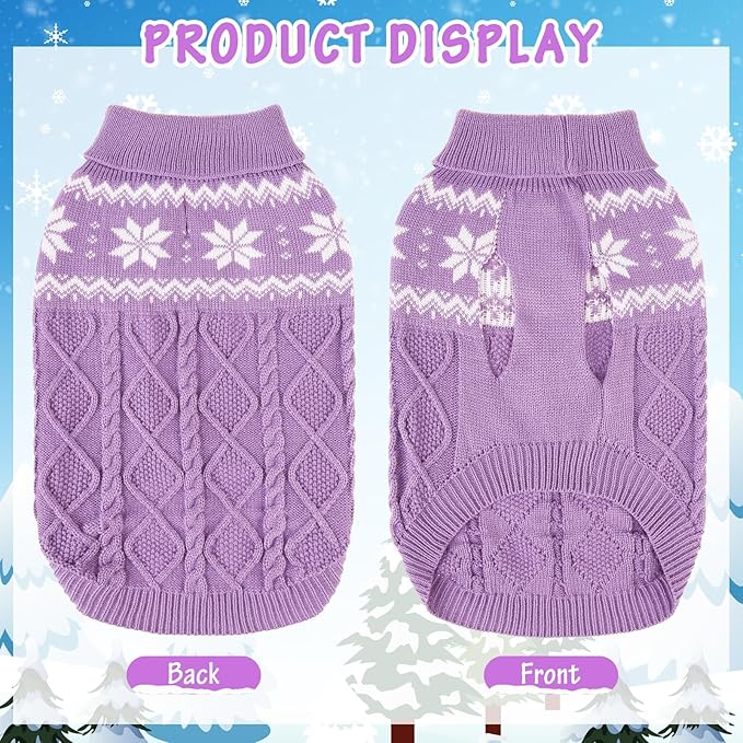 Warm Winter Pink Dog Sweater - Cold Weather Pet Clothes for Small Medium Large Dogs Indoor Outdoor, Soft Classic Knit Puppy Apparel Coat, Purple, ML