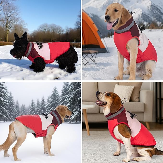azuza Dog Jacket for Medium Dogs Waterproof Dog Coat with Reflective Strips and Harness Built in Warm Fleece Dogs Winter Coat Windproof with Back Zipper, Red 2XL
