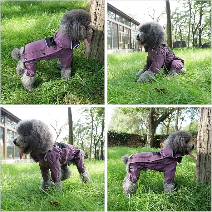 LOVELONGLONG Waterproof Dog Raincoat with Removable Hood – Outdoor Full Body Dog Jacket, Windproof Snowproof Shell Suit – All Season Pet Rain Gear Plum Purple S