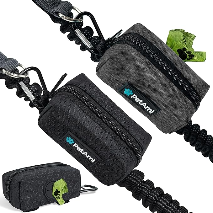 PetAmi Dog Poop Bag Holder for Leash Attachment, Doggie Zipper Pouch Soft Fabric Poop Bag Carrier, Dog Pet Waste Bag Dispenser with Carabiner Clip, 1 Roll of Dog Trash Bag (Black/Gray, 2 Pack)