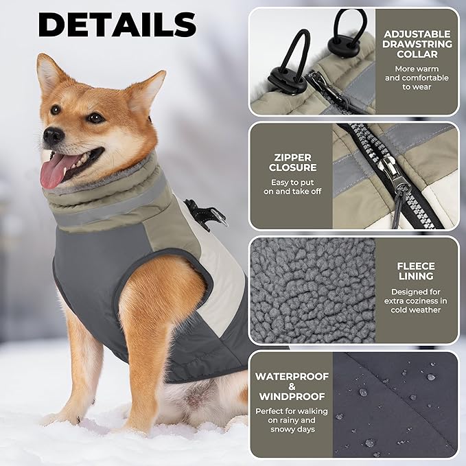 Dog Coats for Medium Dogs, Waterproof Dog Winter Jacket with Harness Built in, Cold Weather Coats, Reflective Zip-up Pet Vest, Warm Fleece Lined Dogs Snowsuit, Grey X-Large
