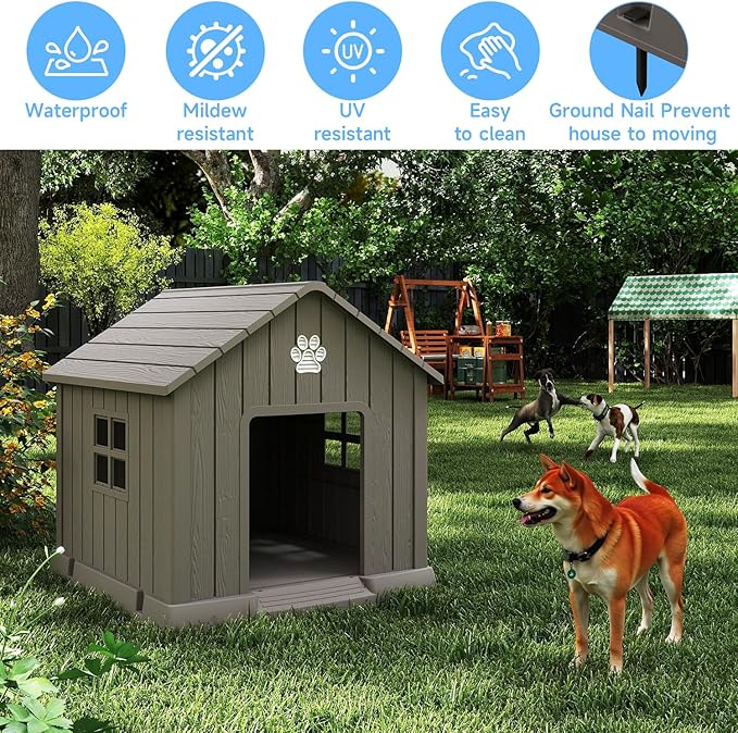 EasyUp Dog House Outdoor Indoor,Dog House Weatherproof Resin Shelter with Air Vents and Elevated Floor for Small Medium Large Dogs,Easy Clean and Assemble(37.8 * 40.87 * 38.82in,Coffee)