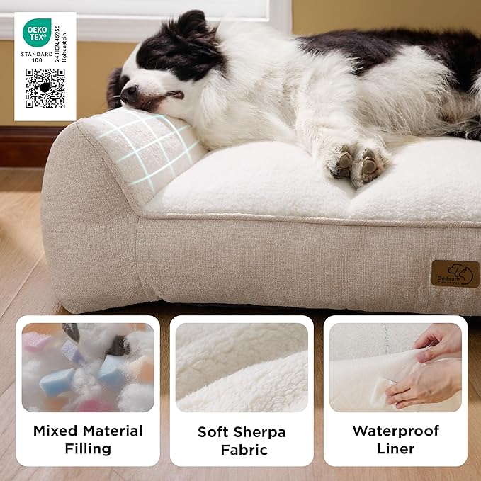 Bedsure Orthopedic Dog Beds Large Sized Dog - Extra Thick Supportive Large Dogs Bed with Waterproof Washable Cover, L Plus Comfort Pet Bed Sofa with Soft Plush Sherpa and Nonskid Bottom, Beige, 38"