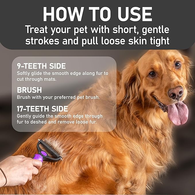 Maxpower Planet Pet Grooming Brush - Double Sided, Extra Wide for Dogs and Cats - Dematting Undercoat Rake, Reduces Shedding by 95%, Purple