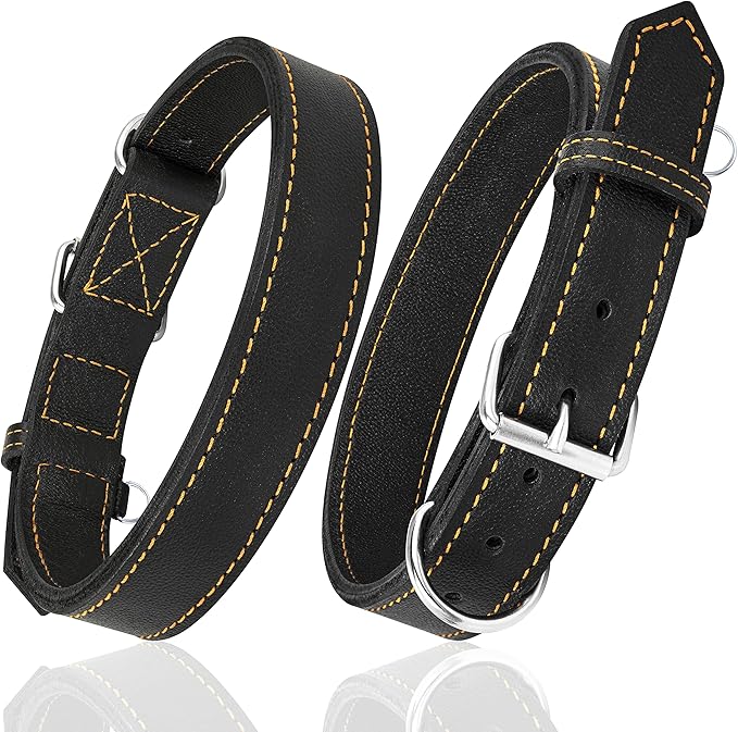 Riparo Dog Collar - Genuine Leather Dog Collars - Heavy Duty Dog Collars for Medium Large and Extra Large Dog Breeds (M: 1” Wide for 14” - 18” Neck, Black/Orange Thread)