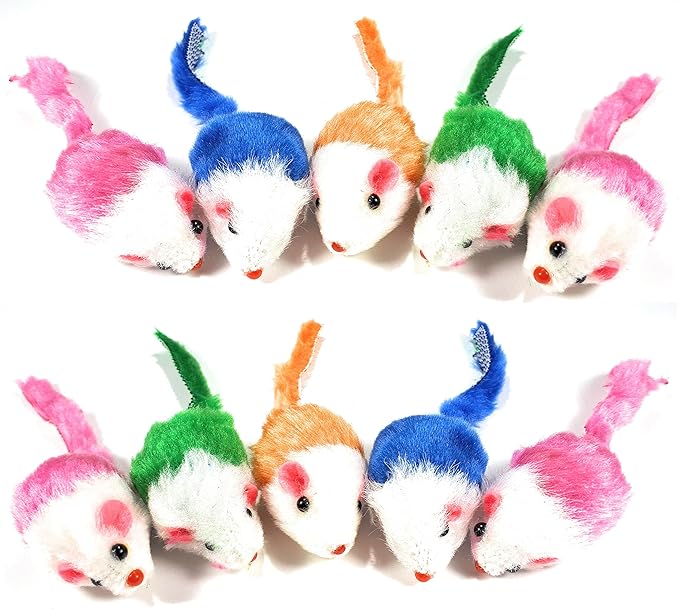 Play Fur Mice Cat Toys – Mixed Bag of 10 Play Mice with Rattling Sounds – 4 Color Variety Pack of Catnip Toy