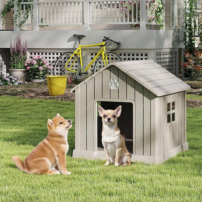 Dog House for Outdoor & Indoor Use with Window, Waterproof Ventilated Kennel with Elevated Floor, Easy to Clean Shelter for Small Medium Dogs (Grey, 29.9" L x 32.3" W x 32.5" H)