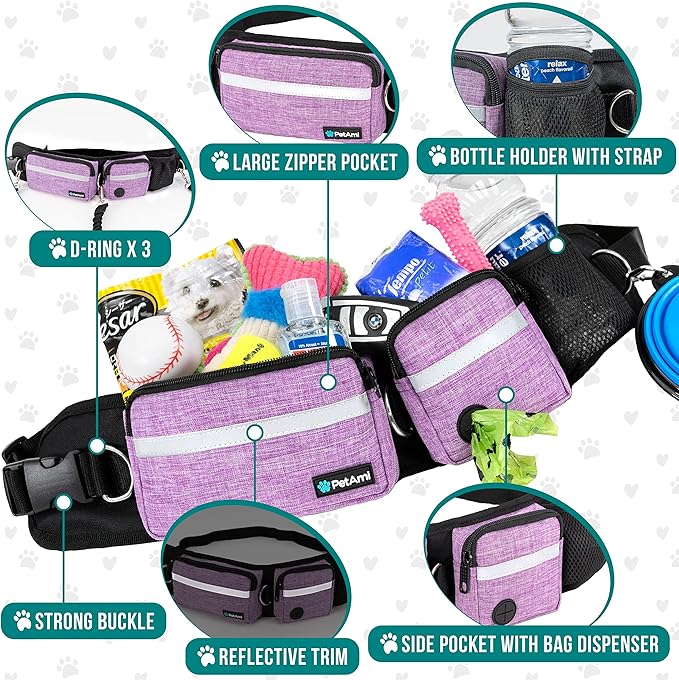 PetAmi Hands Free Dog Leash, Running Leash Belt Bag for Walking, Jogging, Waist Double Zipper Pouch with Poop Dispenser, Dual Padded Handles Reflective Bungee Double, Purple, 2 Leashes