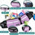 PetAmi Hands Free Dog Leash, Running Leash Belt Bag for Walking, Jogging, Waist Double Zipper Pouch with Poop Dispenser, Dual Padded Handles Reflective Bungee Single, Purple, 1 Leash