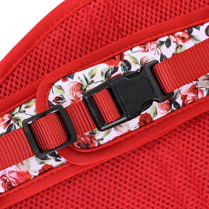 Mile High Life Dog Harness, Air Mesh Floral Vest Harness for 20 lbs Small Dogs & Cats, Easy Get on Adjustable Easy Closures Both Neck and Chest(Red Rose, M Chest 18"-20")