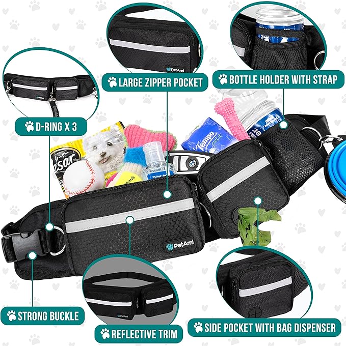 PetAmi Hands Free Dog Leash, Dog Running Leash Belt Bag for Walking, Jogging, Dog Waist Double Zipper Pouch with Poop Bag Dispenser, Dual Padded Handles Reflective Bungee Leash, Double (Black)