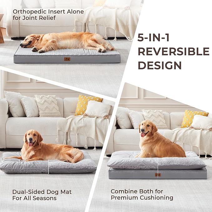 Orthopedic Dog Bed for Ctrate, Waterproof PillowTop Pet Bed for Medium Large Size Dogs, Egg-Crate Foam Dog Crate Mat with Removable Washable Cover, 2-Layers Kennel Pad 55"L x 42"W, Light Grey