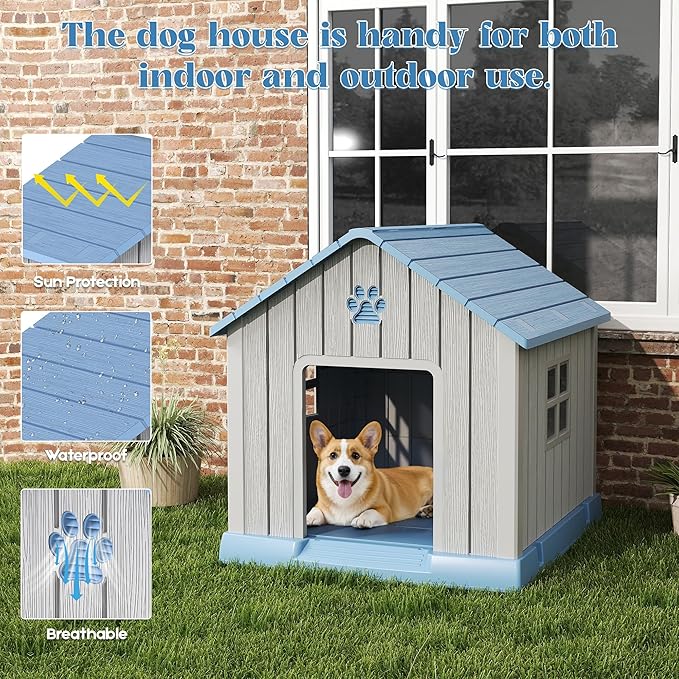 Dog House for Outdoor & Indoor Use with Window, Waterproof Ventilated Kennel with Elevated Floor, Easy to Clean Shelter for Small Medium Large Dogs (Blue, 29.9" L x 32.3" W x 32.5" H)