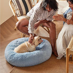 Bedsure Calming Dog Bed for Small Dogs - Donut Washable Small Pet Bed, Round Anti-Slip Fluffy Plush Faux Fur Large Cat Bed, Fits up to 25 lbs Pets, Light Blue, 23 inches
