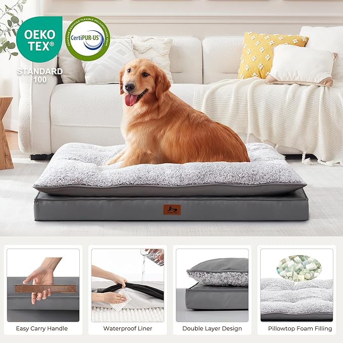 Orthopedic Dog Bed for Ctrate, Waterproof PillowTop Pet Bed for Medium Large Size Dogs, Egg-Crate Foam Dog Crate Mat with Removable Washable Cover, 2-Layers Kennel Pad 47"L x 39"W, Dark Grey