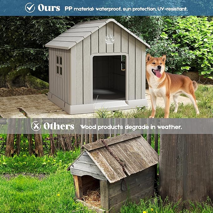 Dog House for Outdoor & Indoor Use with Window, Waterproof Ventilated Kennel with Elevated Floor, Easy to Clean Shelter for Small Medium Dogs (Grey, 29.9" L x 32.3" W x 32.5" H)