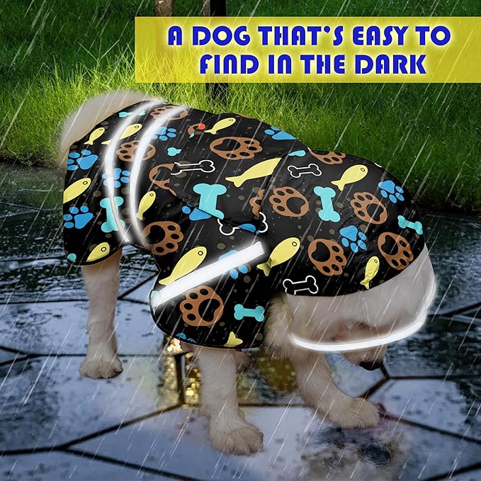 Dog Raincoat, Adjustable Rain Jacket with Hooded Double Layer for Large Medium Small Dogs Puppies, Lightweight Waterproof Rain Coat Poncho with Reflective Stripe Paw Print Black,L