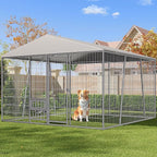10 x 10 x 7FT Large Outdoor Dog Kennel with Large Feeding Bowls, Dog Kennel Outside with Roof, Galvanized Heavy Duty Chain Link Outdoor Dog Run Cage with Cover and Secure Lock
