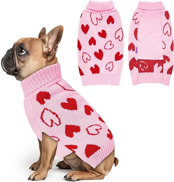 cyeollo Small Dog Valentines Sweater Heart Pattern Dog Clothes with Leash Hole Pullover Turtleneck Holiday Pet Apparel Pink