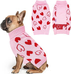 cyeollo Valentines Day Dog Sweater with Leash Hole Pullover Turtleneck Heart Pattern Holiday Theme Dog Clothes Pet Apparel for Small Dogs Pink