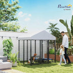 PawHut 6' x 4' x 6' Outdoor Dog Kennel, Welded Wire Dog Kennel Outside Run with 360° Rotating & 4 Level Adjustable Bowls, Waterproof & UV Resistant Cover, for S&M Breeds, Chickens, Ducks, Silver